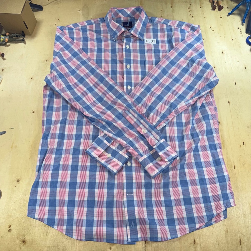 Johnnie-O Prep-Formance Mens L Blue Pink Plaid Long Sleeve Button Down Shirt